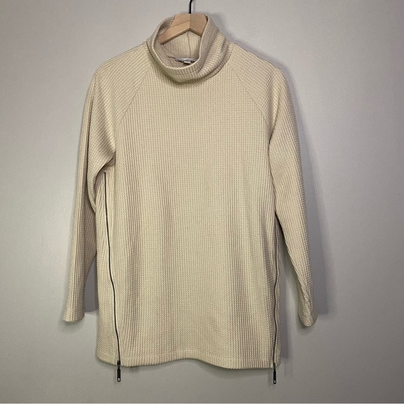 LL Bean Signature Waffle Knit Sweater Women Large cream beige Side Zip Mock Neck - Picture 1 of 7